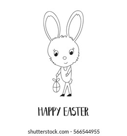 Outline line Easter Bunny holding egg, isolated on white background