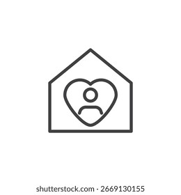 Icono de Vector de línea de contorno de una casa con corazón y figura infantil. Símbolo de acogida, protección y tutela. Icono de familia de acogida minimalista.