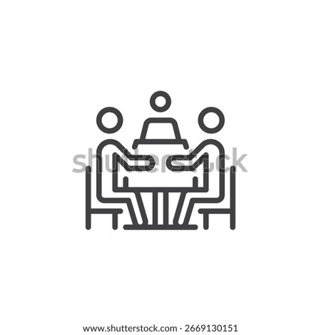 Outline line vector icon of people seated around a table. Symbol for dining, family meal, and traditions. Minimal household food icon for design use.