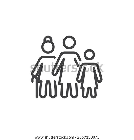 Outline line vector icon showing figures of different ages together. Symbol for generations, extended family, and kinship bonds. Minimal family icon.