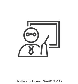 Ícone vetorial de contorno de uma figura de professor em pé em um quadro-negro. Símbolo para educação, instrução e escola. Design minimalista de ícones de professores.