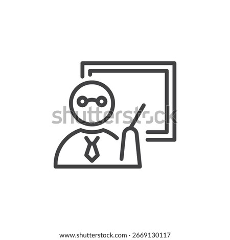 Outline line vector icon of a teacher figure standing at a blackboard. Symbol for education, instruction, and school. Minimalist teacher icon design.