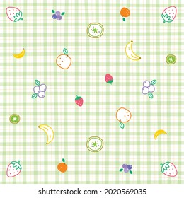 Outline Linear Cute Ornament Element Mix Fruit Strawberry Kiwi Banana Orange Blueberry Pastel Green Gingham Pattern Editable Stroke. Cartoon Illustration, Mat, Fabric, Textile, Scarf, Wrapping Paper.