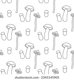 Outline linear doodle mushrooms pattern. Seamless repeatable background, digital paper, banner. Retro vintage autumn, fall. Line art.