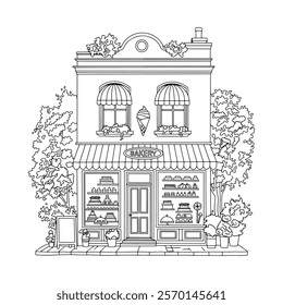 Outline linear drawing of a cute two story bakery house, cafe with pastries and cakes, designed as a coloring page