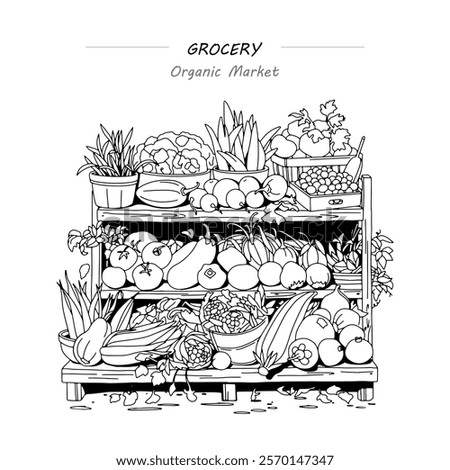 Outline linear drawing of a vegetable market, a stall filled with fruits and vegetables, designed as a coloring page