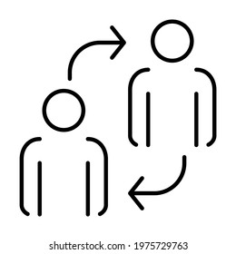 Outline linear interaction icon vector illustration. Monochrome simple logo connection between people with arrows isolated on white. Business communication, friendship, reorganization and teamwork