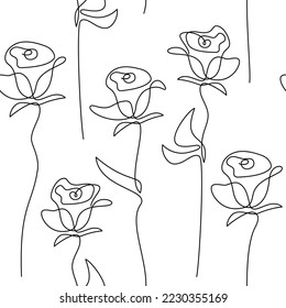 Lineare Rosenblumen, nahtloses Muster. Abstrakte, florale Linie, Vektorgrafik. Botanischer Rahmenhintergrund. Tapete, Hintergrund, Gewebe, Textilien, Druck, Packpapier oder Verpackungsdesign.