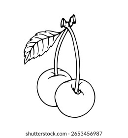 Outline, linear sketch of summer cherry berries with leaves. Vector graphics.
