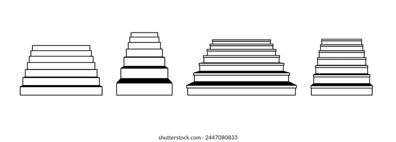 Outline linear stairway set. Different 3d staircases. Black and white stair steps collection. Graphic design element pack concept for success, growth, promotion, progress. Vector bundle