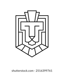 Umriss Löwe Kopf Schild Logo Design. Vektorsymbol für Linienwappen. Luxuriöses Markenelement für Geschäftsprojekte. Konzept Stabilität und schützen Sie Ihre Investitionen einzeln auf weißem Hintergrund