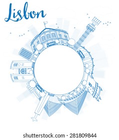 Outline Lisbon city skyline with blue buildings and copy space. Vector illustration. Business travel and tourism concept with place for text. Image for presentation, banner, placard and web site.