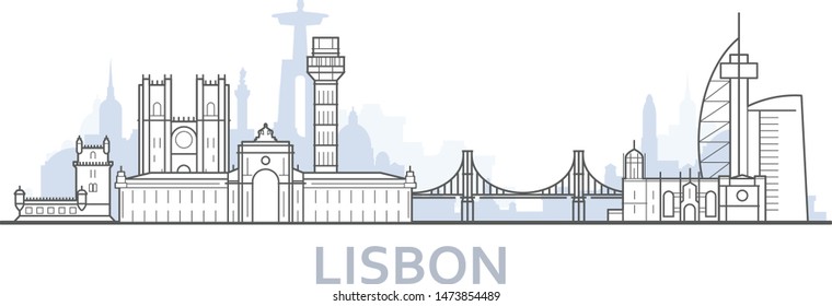 Outline of Lisbon cityscape - old town view with landmarks of Lisbon
