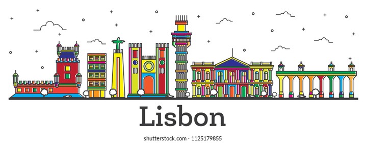 Outline Lisbon Portugal City Skyline with Color Buildings Isolated on White. Vector Illustration. Lisbon Cityscape with Landmarks.