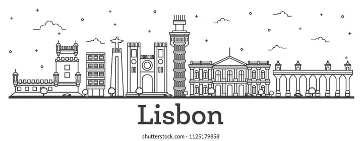 Outline Lisbon Portugal City Skyline with Historic Buildings Isolated on White. Vector Illustration. Lisbon Cityscape with Landmarks.