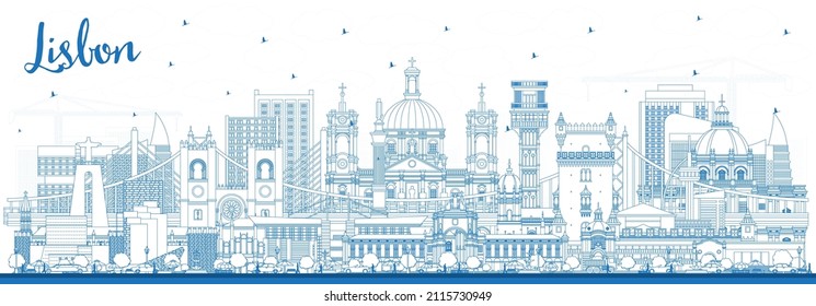 Outline Lisbon Portugal City Skyline with Blue Buildings. Vector Illustration. Beautiful Lisbon Cityscape with Landmarks. Business Travel and Tourism Concept with Historic Architecture.