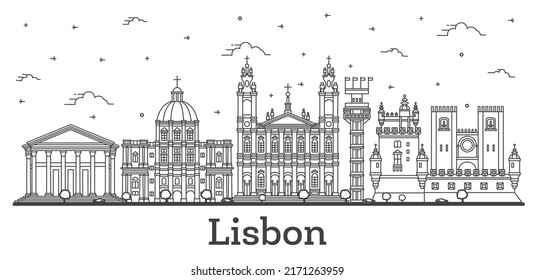 Outline Lisbon Portugal City Skyline with Historic Buildings Isolated on White. Vector Illustration. Lisbon Cityscape with Landmarks.