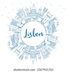 Outline Lisbon Portugal City Skyline with Blue Buildings and Copy Space. Vector Illustration. Lisbon Cityscape with Landmarks. Business Travel and Tourism Concept with Historic Architecture.