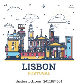 Outline Lisbon Portugal city skyline with colored modern and historic buildings isolated on white. Vector illustration. Lisbon cityscape with landmarks.