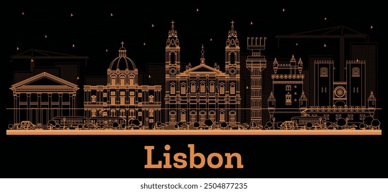 Outline Lisbon Portugal City Skyline with orange Buildings. Vector Illustration. Business Travel and Tourism Concept with Historic Architecture. Lisbon Cityscape with Landmarks.