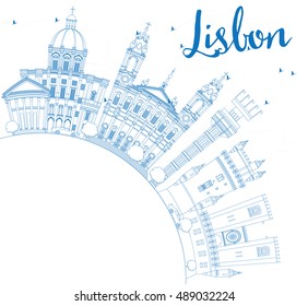 Outline Lisbon Skyline with Blue Buildings and Copy Space. Vector Illustration. Business Travel and Tourism Concept with Historic Buildings. Image for Presentation Banner Placard and Web Site.