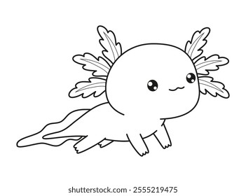 Outline Little cartoon Axolotl. Line drawing, coloring book. Vector illustration. Kids collection