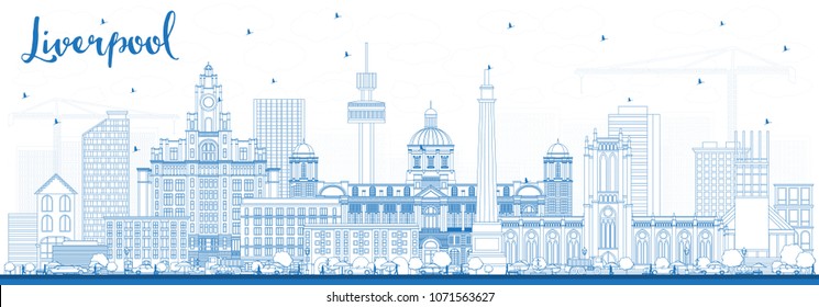 Outline Liverpool Skyline with Blue Buildings. Vector Illustration. Business Travel and Tourism Concept with Historic Architecture. Liverpool Cityscape with Landmarks.