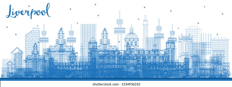 Outline Liverpool Skyline with Blue Buildings. Vector Illustration. Business Travel and Tourism Concept with Historic Architecture. Liverpool Cityscape with Landmarks. 