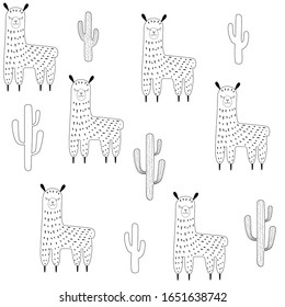 Esbozar llamas y cactus sin fisuras. El estilo escandinavo simple adorable sacado a mano suculentos y alpacas. Papel de reserva. Ilustración aislada del vector de material en un fondo transparente.