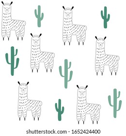 Outline llamas and green cacti seamless pattern. Scandinavian style simple cute hand-drawn succulents and alpacas. Scrapbooking paper. Stock vector isolated illustration on a transparent background.