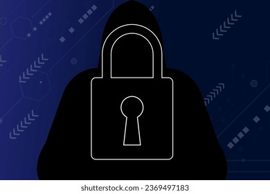 outline of a lock and behind it is a dark hacker silhouette.