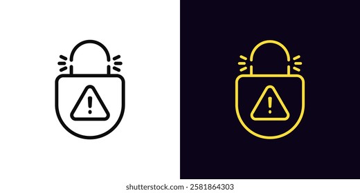 Outline lock picking icon, with editable stroke. Broken lock with danger warning, destroyed digital protection. Security hacking, cyber attack guard, hacked protection of private data. Vector icon