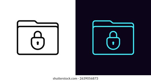 Outline locked folder icon, with editable stroke. Computer folder with lock icon, blocked data access. Document protection, digital file folder with locked access, data storage security. Vector icon
