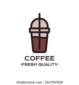Logo de esquema de la taza de plástico con café frío y paja