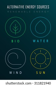 Outline logos with alternative energy sources. Copyspace. Eco-friendly energy source. Renewable energy source. Energy conservation. Energy efficiency. Energy saving. Eco logo. Energy thin line logo. 