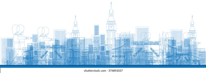 Outline London skyline with blue buildings and soldiers. Vector illustration. Business and tourism concept with skyscrapers. Image for presentation, banner, placard or web site