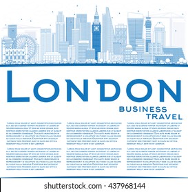 Outline London Skyline with Blue Buildings and Copy Space. Business Travel and Tourism Concept with Modern Buildings. Image for Presentation Banner Placard and Web Site.