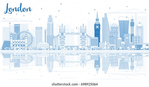 Outline London Skyline With Blue Buildings And Reflections. Vector Illustration.