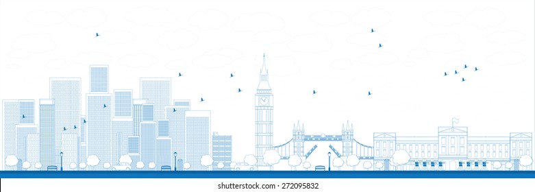 Outline London skyline with skyscrapers Vector illustration. Business travel and tourism concept with modern buildings. Image for presentation, banner, placard and web site.