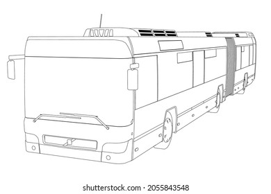 Outline of a long bus from black lines isolated on a white background. Perspective view. Vector illustration
