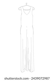 Outline of a long woman's dress hanging on a hanger made of black lines isolated on a white background. Vector illustration.