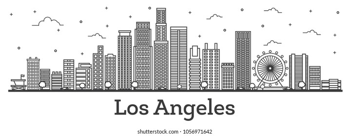 Outline Los Angeles California City Skyline with Modern Buildings Isolated on White. Vector Illustration. Los Angeles Cityscape with Landmarks.