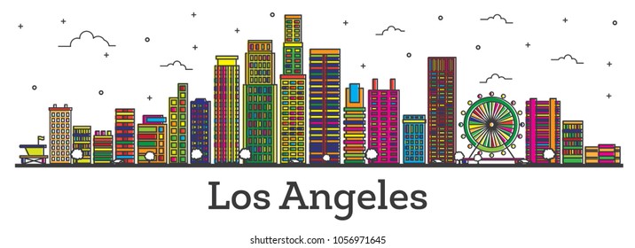 Outline Los Angeles California City Skyline with Color Buildings Isolated on White. Vector Illustration. Los Angeles Cityscape with Landmarks.