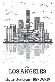 Outline Los Angeles California USA City Skyline with Modern Buildings and Reflections Isolated on White. Vector Illustration. Los Angeles Cityscape with Landmarks.