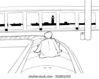 Outline of lost man on carousel in empty airport