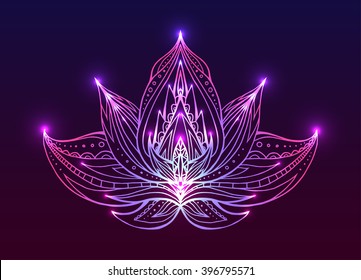 Outline Lotus with boho pattern and bright spark. Vector element for spa centers, yoga studios. Hand drawn. Doodle elements for your design