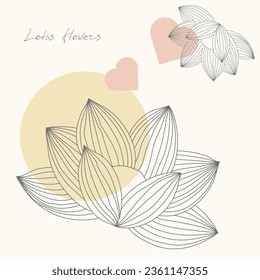 Outline lotus flowers on beige background. Vector line art illustration for print and digital items.