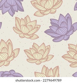 Outline lotus vector seamless pattern, flawless beauty of the lotus, symbol of purity and harmony, silhouette, flower shape, tableware, clothes and home design