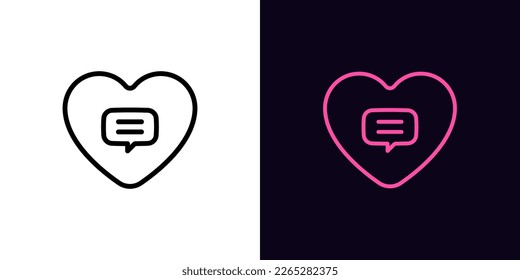 Icono de la charla de amor de contorno, con trazo editable. Marco cardíaco con signo de chat, pictograma de comunicación romántica. citas en línea, mensajes de amor, conversación romántica, chat privado en vivo. Icono de vector para animación