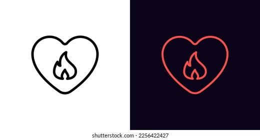 Outline love fire icon, with editable stroke. Heart frame with flame sign, hot love pictogram. Fondness passion and hot desire, fiery love feelings, romantic fire, amour flare. Vector icon